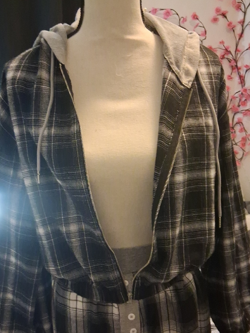 SHEIN Black & Gray Plaid Zip Hoodie